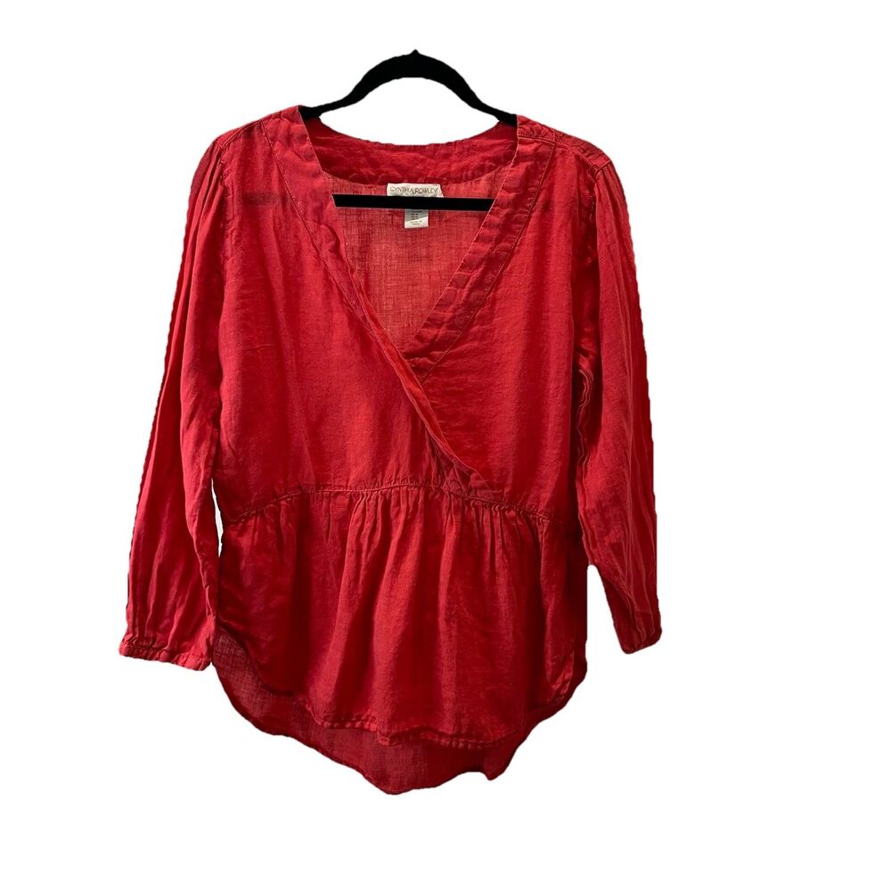 Cynthia Rowley Coral V Neck Faux Wrap Long Sleeve Top Boho Beachy Coastal Size M